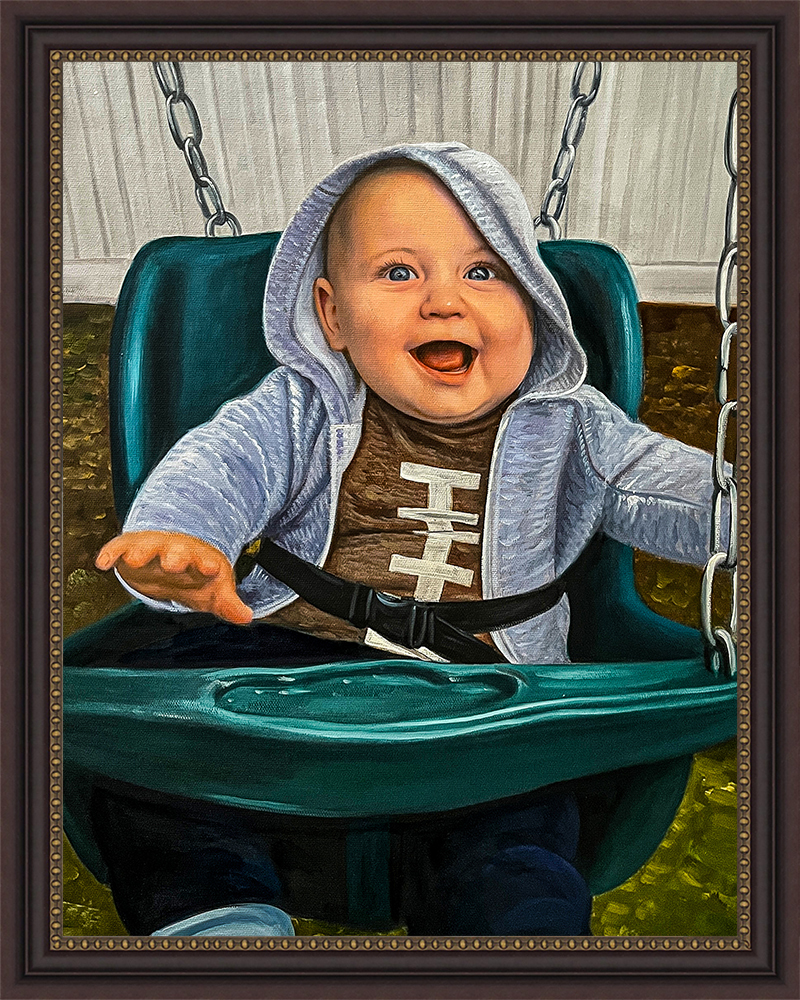 Oil painting of laughing baby boy in gray hoodie sitting in swing seat